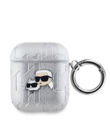  Karl Lagerfeld Apple AirPods 1/2 PU Embossed Karl and Choupette Heads Case Silver 