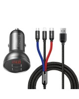  Baseus Baseus 2x USB 4.8A 24W car charger with LCD + 3in1 cable USB - USB Type C / micro USB / Lightning 1.2m black (TZCCBX-0G) 
