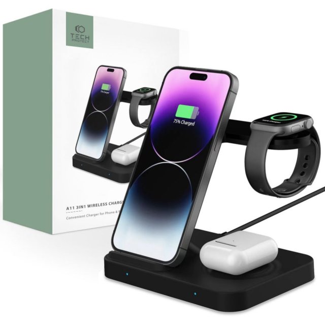 Tech-Protect Universal Tech-Protect A11 15W inductive charger in the form of a 3-in-1 stand for smartphone / headphones / smartwatch - black   Tech-Protect Universal Tech-Protect A11 15W inductive charger in the form of a 3-in-1 stand for smartphone / headphones / smartwatch - black