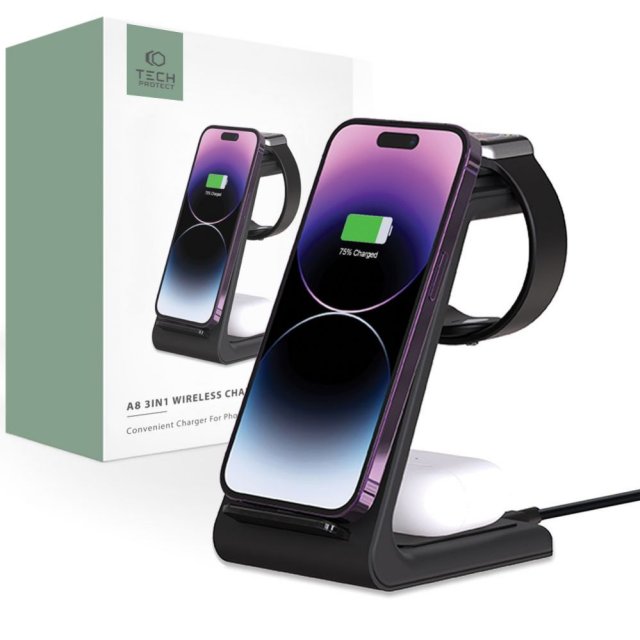 Tech-Protect Tech-Protect A8 10W inductive charger in the form of a 3-in-1 stand for smartphone / headphones / smartwatch - black   Tech-Protect Tech-Protect A8 10W inductive charger in the form of a 3-in-1 stand for smartphone / headphones / smartwatch - black