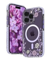  Kingxbar Apple iPhone 14 Pro MagSafe decorated with peony flowers print Flora Series magnetic Purple 