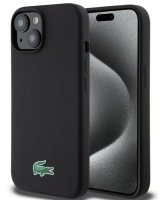  Lacoste Apple iPhone 15 6.1 Liquid Silicone Microfiber Croc Logo Magsafe Back Cover Black 