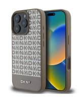  DKNY Apple iPhone 16 Pro Max PU Leather Repeat Pattern Bottom Stripe MagSafe Case Brown 