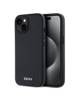  DKNY - DKNY PU Leather Silver Metal Logo Magsafe Case for iPhone 15 Black 