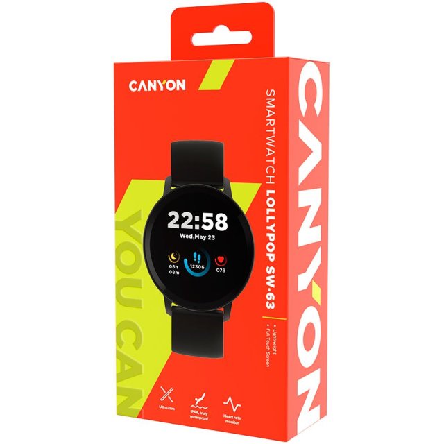 Canyon CANYON Lollypop SW-63, Smart watch, 1.3inches IPS full touch screen, Round watch, IP68 waterproof, multi-sport mode, BT5.0, compatibility with iOS and android, black, Host: 25.2*42.5*10.7mm, Strap: 20*250mm, 45g Canyon CANYON Lollypop SW-63, Smart watch, 1.3inches IPS full touch screen, Round watch, IP68 waterproof, multi-sport mode, BT5.0, compatibility with iOS and android, black, Host: 25.2*42.5*10.7mm, Strap: 20*250mm, 45g