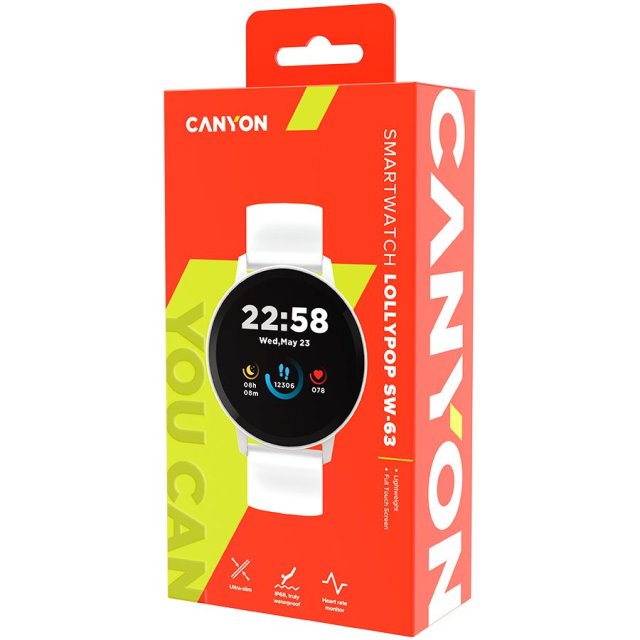 Canyon CANYON Lollypop SW-63, Smart watch, 1.3inches IPS full touch screen, Round watch, IP68 waterproof, multi-sport mode, BT5.0, compatibility with iOS and android, Silver white, Host: 25.2*42.5*10.7mm, Strap: 20*250mm, 45g Canyon CANYON Lollypop SW-63, Smart watch, 1.3inches IPS full touch screen, Round watch, IP68 waterproof, multi-sport mode, BT5.0, compatibility with iOS and android, Silver white, Host: 25.2*42.5*10.7mm, Strap: 20*250mm, 45g
