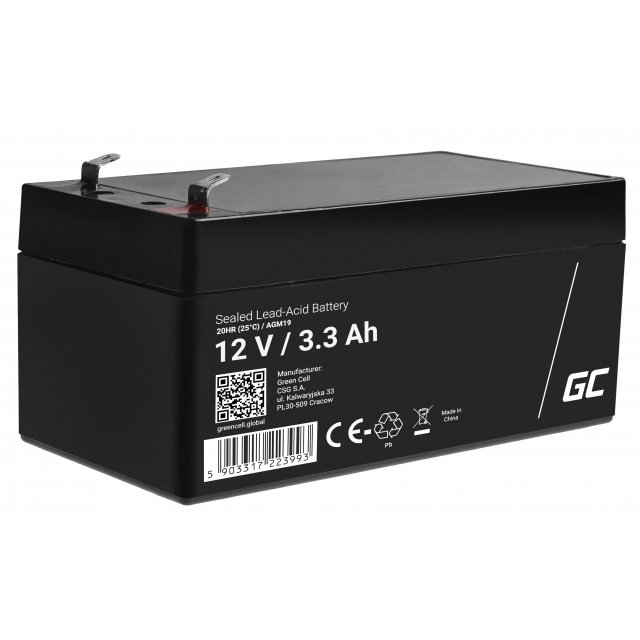  Green Cell AGM VRLA 12V 3.3Ah maintenance-free battery for the alarm system, cash register, toys, AGM19 