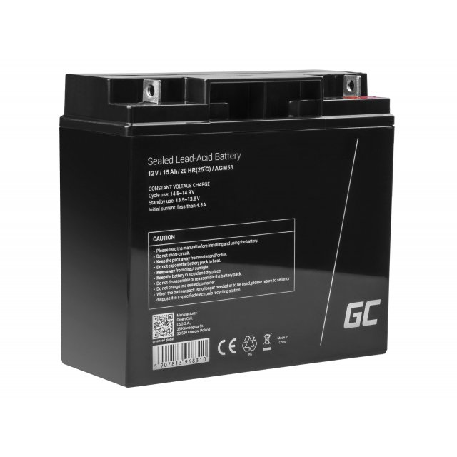  Green Cell AGM VRLA 12V 15Ah maintenance-free battery for the alarm system, cash register, toys, AGM53 