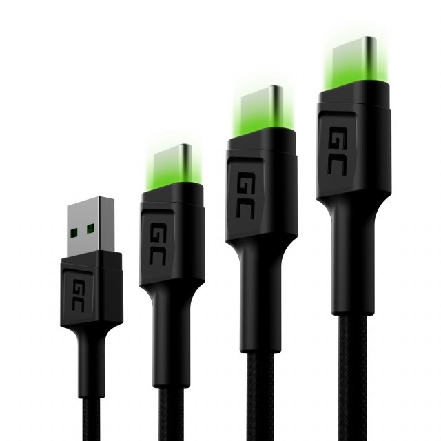 Set 3x Green Cell Cable GC Ray USB-C Cable 30cm, 120cm, 200cm with green LED backlight, fast charging UC, QC 3.0, KABGCSET01 Set 3x Green Cell Cable GC Ray USB-C Cable 30cm, 120cm, 200cm with green LED backlight, fast charging UC, QC 3.0, KABGCSET01