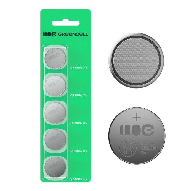  Greencell Blister 5x lithium battery CR2016 3V 80mAh for key fobs, watches, remotes, scales, X5CR2016 