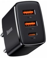  Lādētājs Baseus Compact Quick Charger 2 x USB + USB-C 30W Black 