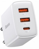  Lādētājs Baseus Compact Quick Charger 2 x USB + USB-C 30W White 