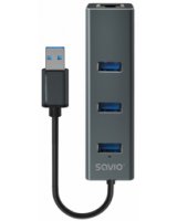  USB Centrmezgls Savio 3-port USB-A 3.1 Gen 1 Hub with RJ-45 Gigabit Ethernet 