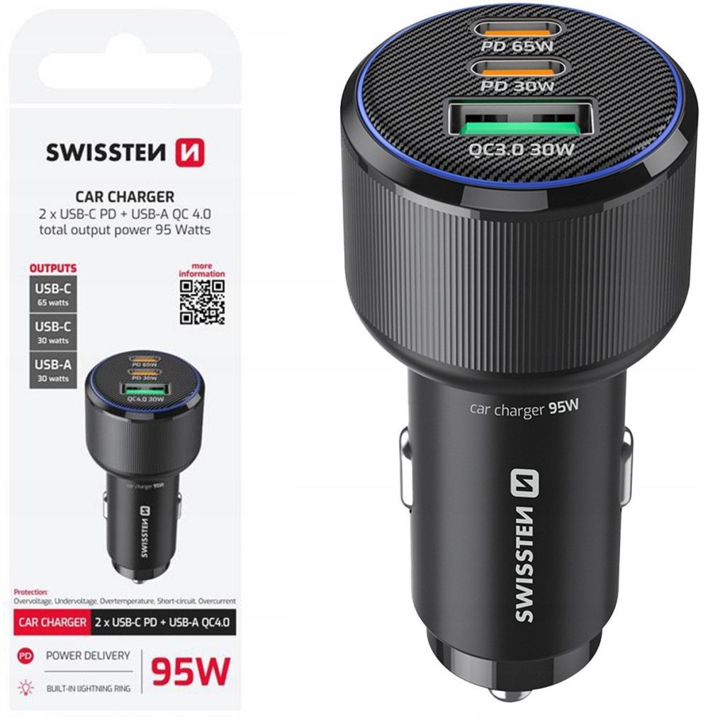 Swissten Swissten Auto Lādētājs 2x USB-C